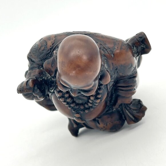 Laughing Buddha Figurine 6" Carved Solid Wood Dark Stain Chinese Script 1.5 lbs - Picture 11 of 14